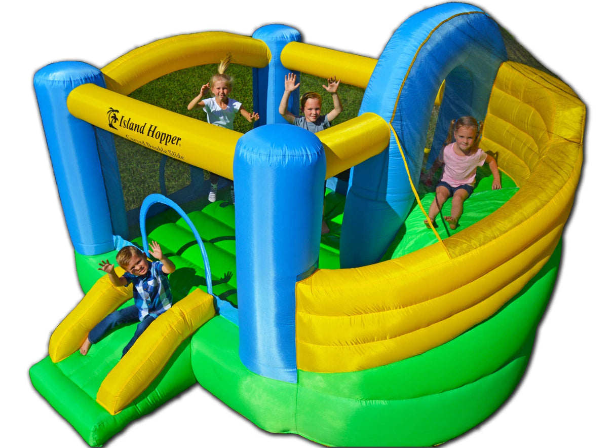 Island Hopper Curved Double Slide Recreational Kids Bounce House with Safe Return Curved Slide and Climbing Wall Island Hopper