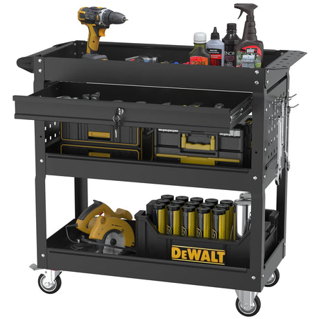 Granper 3 Tier Rolling Storage Cart, Heavy Duty Utility Industrial Service Cart on Wheels, Metal Tool Cart with Locked Drawers, Ideal for Garage, Warehouse and Repair Shop（Black） Granper