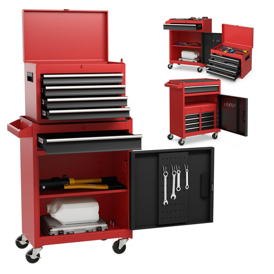 Toolsempire Rolling Tool Chest, 5-Drawer Tool Storage Cabinet with Wheels, Adjustable Shelf & Anti-Slip Liner, Tool Box Organizer for Garage, Warehouse & Workshop (Red+Black) - WoodArtSupply