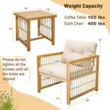 Tangkula 3 Pieces Acacia Wood Patio Furniture Set, PE Wicker Bistro Set with Cushioned Chairs and Coffee Table, Outdoor Conversation Set for Porch, Deck, Balcony, Backyard (Beige) Tangkula