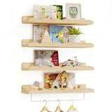 Fixwal Nursery Book Shelves, 16.5 Inch Floating Bookshelves for Wall Set of 4, Scalloped Wall Book Shelves with Towel Rack for Kids, Toddler Room, Baby Room, Nursery Decor and Storage(Natural Wood) Fixwal