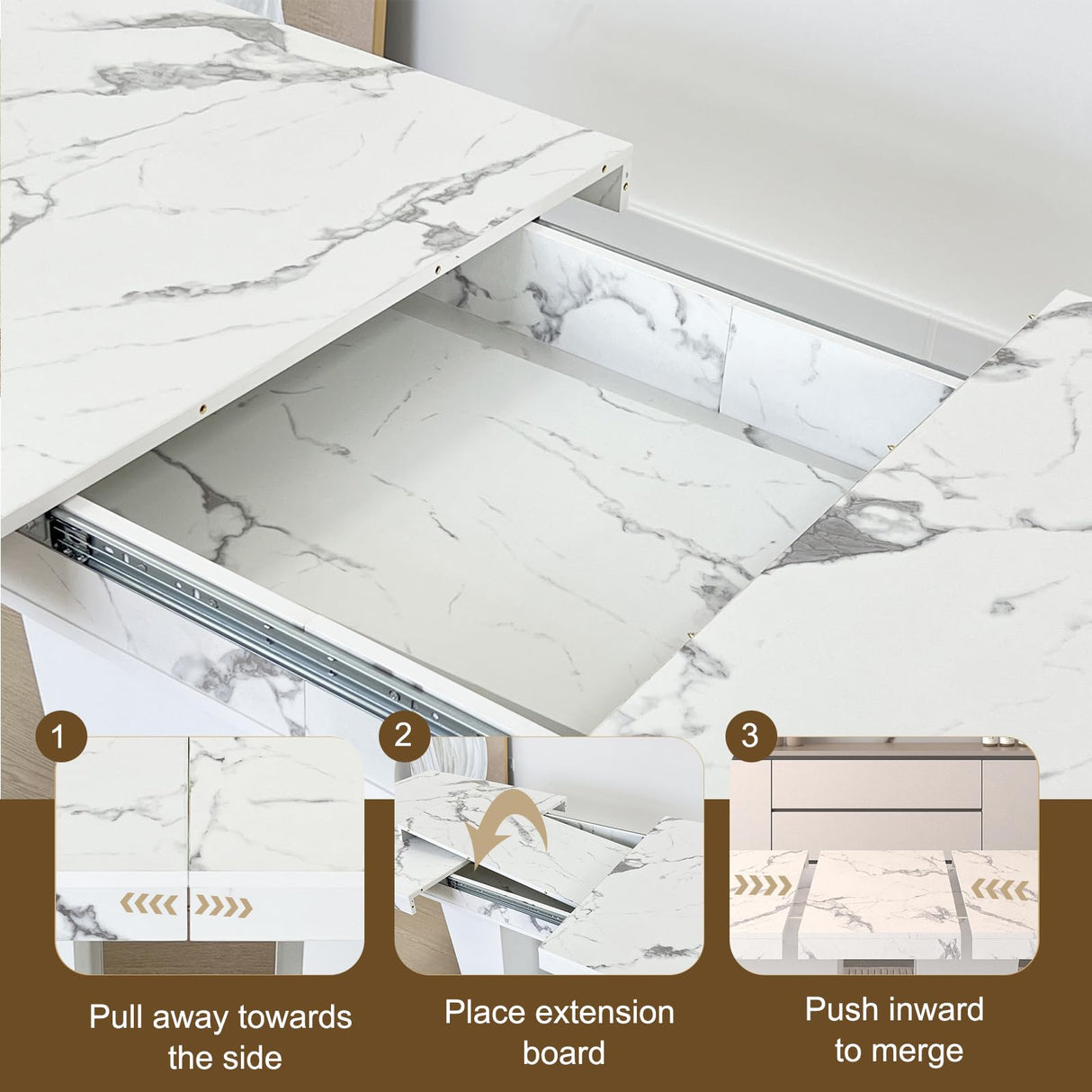 KUVADAZ 63"-78.74" White Faux Marble Extendable Dining Room Table Set for 8, 9-Piece Dining Table Set with 8 Chairs, Rectangle Wooden Expanding Kitchen Table and Grey Upholstered Chairs Set KUVADAZ