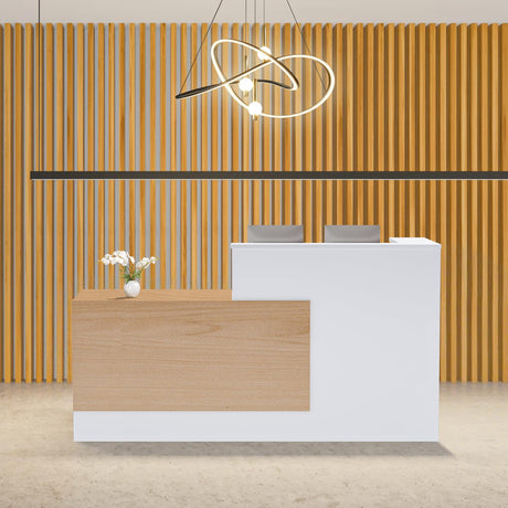 Easilywinlife 70.87IN Modern Wooden Commercial L Shaped Reception Desk with Counter, Lockable Drawers, Door Cabinet, Front Desk for Checkout, Lobby, Beauty Salon, Plain Wood Color, Right Cabinet Easilywinlife