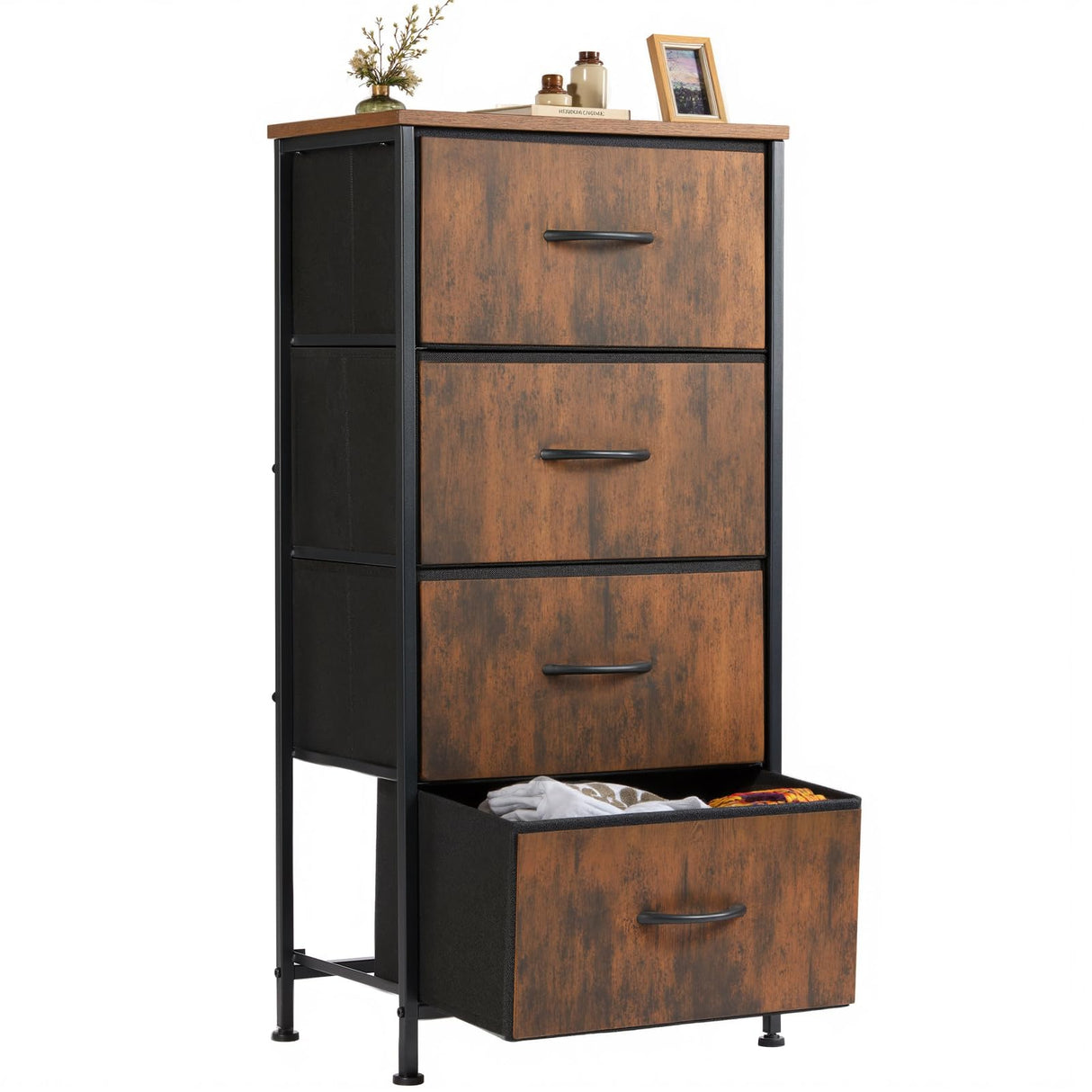 Sweetcrispy 4 Drawer Dresser, Fabric Storage Tower Organizer with Sturdy Steel Frame and Wood Top, Easy Pull Handles, for Bedroom, Closet, Entryway, Hallway, Brown Sweetcrispy