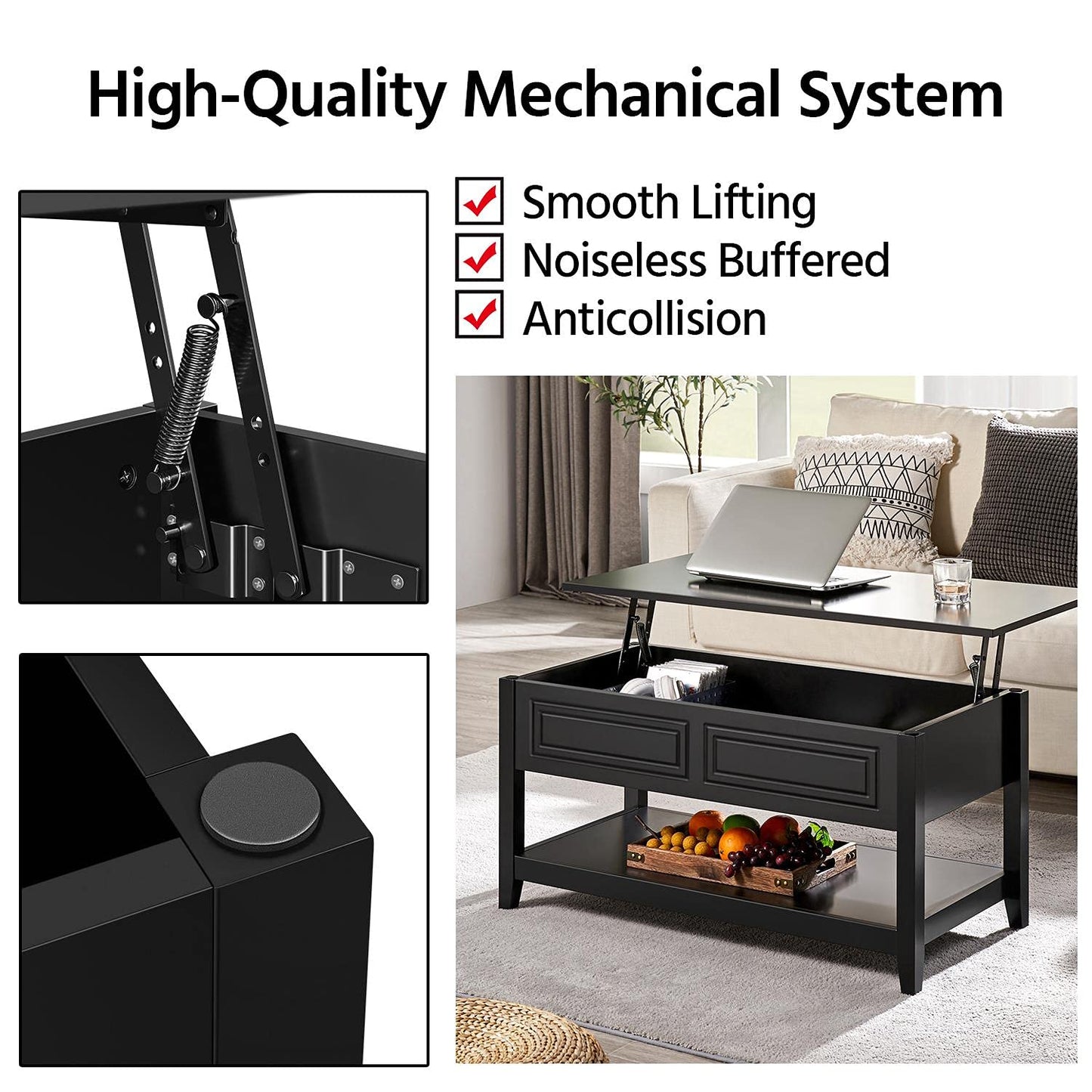 Yaheetech Lift Top Coffee Table with Hidden Compartment and Open Storage Shelf, Retro Center Coffee Table, Rising Tabletop Center Table for Living Room Reception, 37.5in, Black