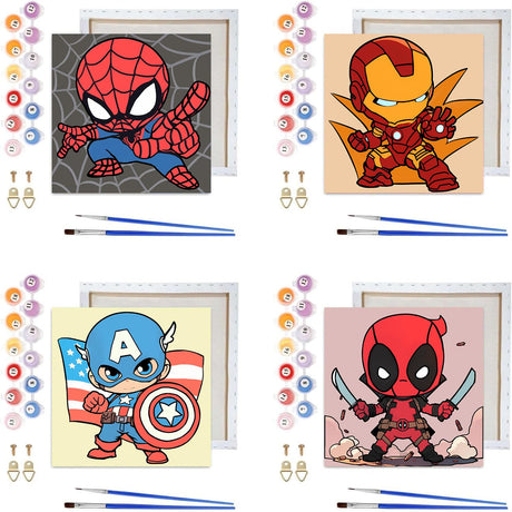 Sretoul 4 Pack Paint by Numbers Kit for Kids with Frame- Cartoon Painting Kits for Kids Ages 4-8, Cartoon Paint by Numbers with Frame 8x8 Inch Sretoul