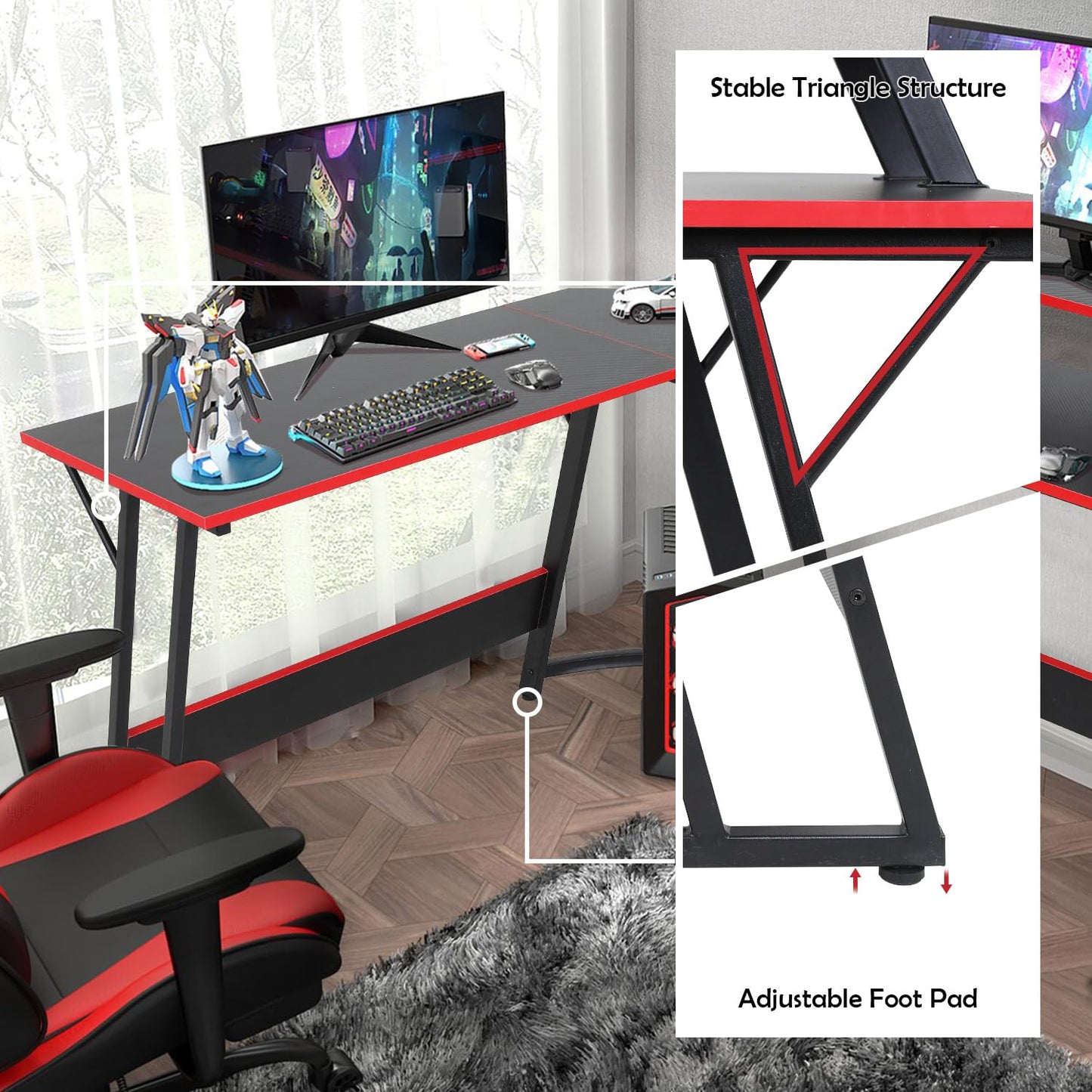 L Shaped Desk, Sturdy Gaming Desk Computer Desk with Large Wooden Desktop for Home Office, L Shaped Gaming Desk Corner Desk for Small Space, Easy to Assemble, L Desk Gaming Table L Shape Desk