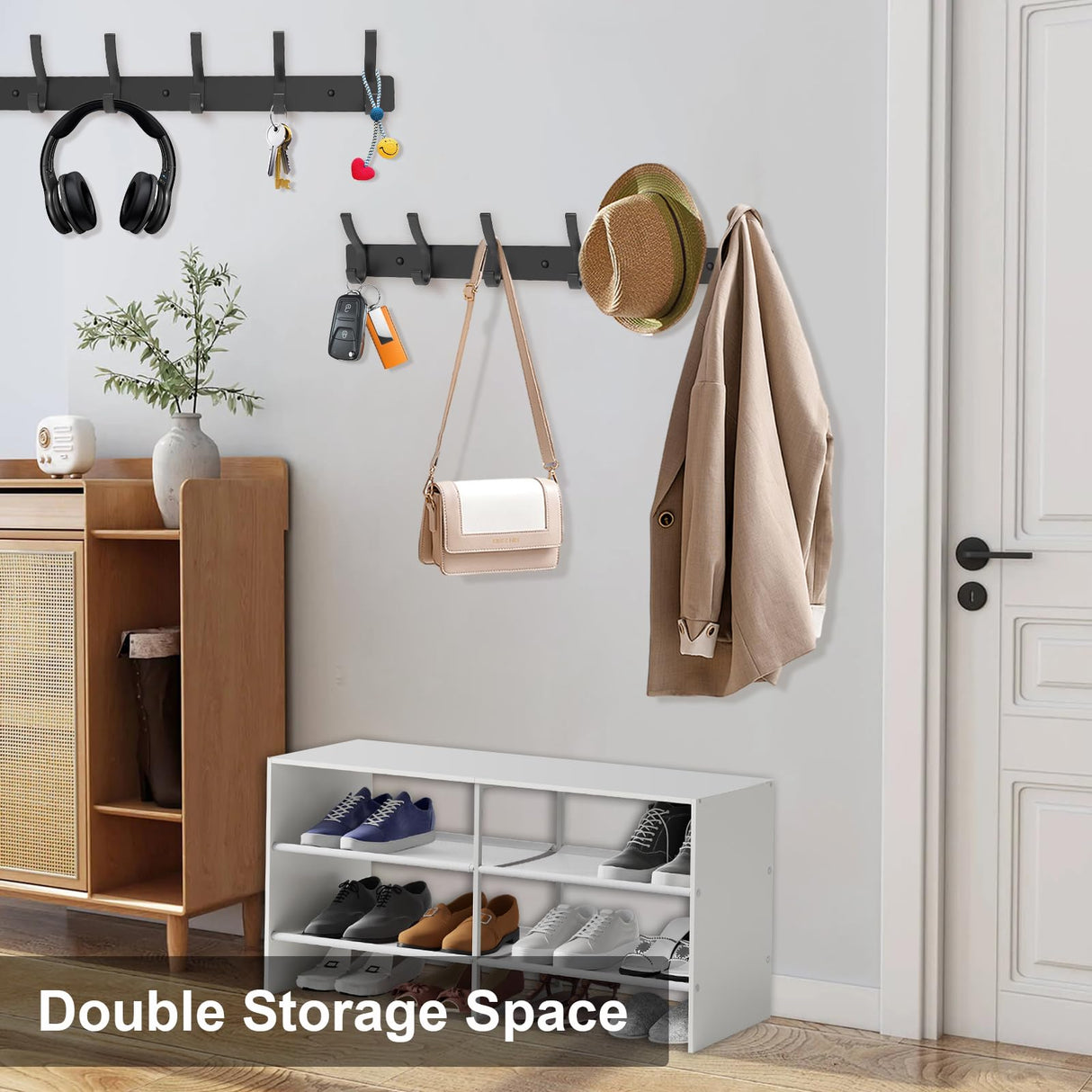 Infixtree 2 Pack Coat Rack Wall Mount, All Metal Wall Hooks for Hanging, Wall Hat Rack with 6 Dual Hooks, Black Coat Hooks for Hat Towel Purse Backpack Baseball Cap Infixtree