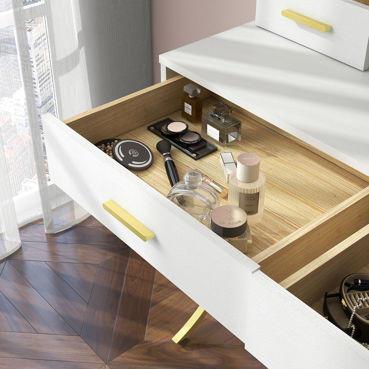 Vanity Table with Lighted Mirror, Modern Makeup Vanity Table with 10 Lights Makeup Desk 4 Drawer Storage Dressing Table for Bedroom (White) Panana