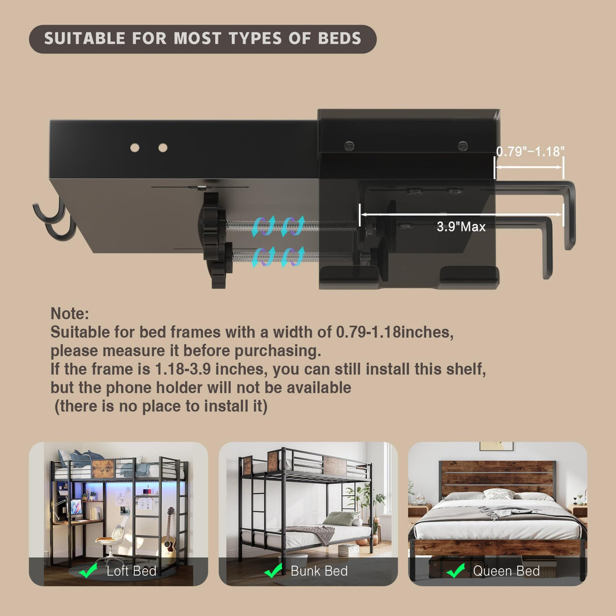 Magheo Bedside Shelf Metal,Bunk Bed Table Shelf for Top Bunk Heavy Duty Clip On Bed Side Table Tray for College Dorm Room,Loft Nightstand Organizer Tray with Removable Cup Holder & Phone Holder(Black) Magheo