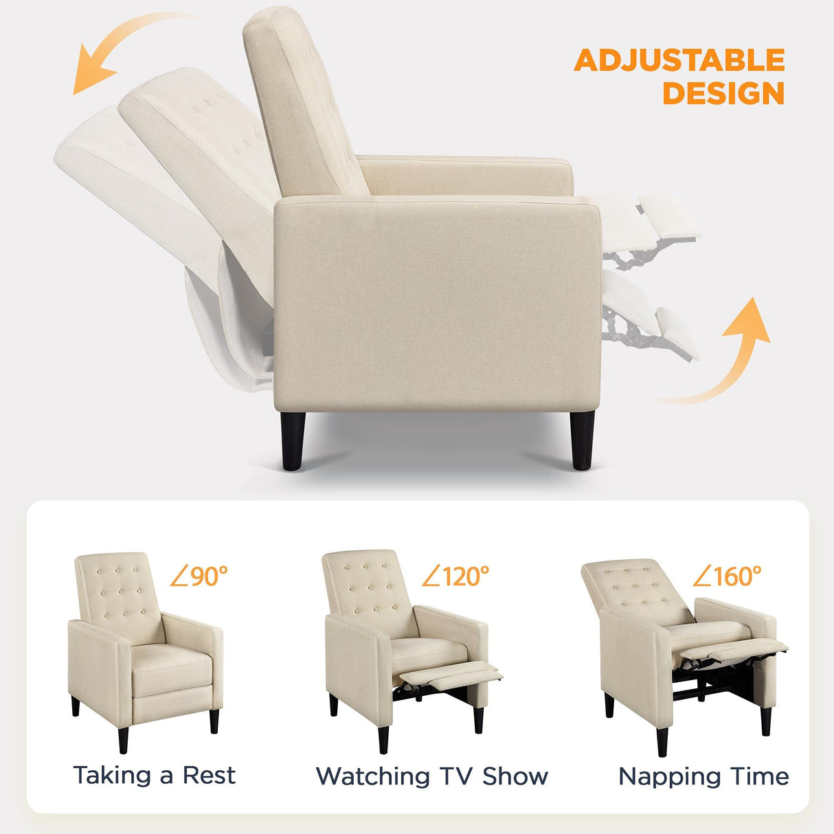 Yaheetech Fabric Recliner Chair Mid-Century Modern Recliner Adjustable Single Recliner Sofa with Thicker Seat Cushion Tufted Upholstered Sofa with Pocket Spring for Living Room Bedroom Beige Yaheetech