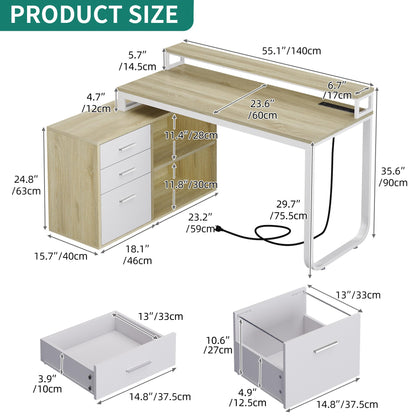 YITAHOME L Shaped Desk with Drawers, 55" Corner Computer Desk with Power Outlets, L-Shaped Desk with LED Lights & File Cabinet for Home Office, White & Oak - WoodArtSupply