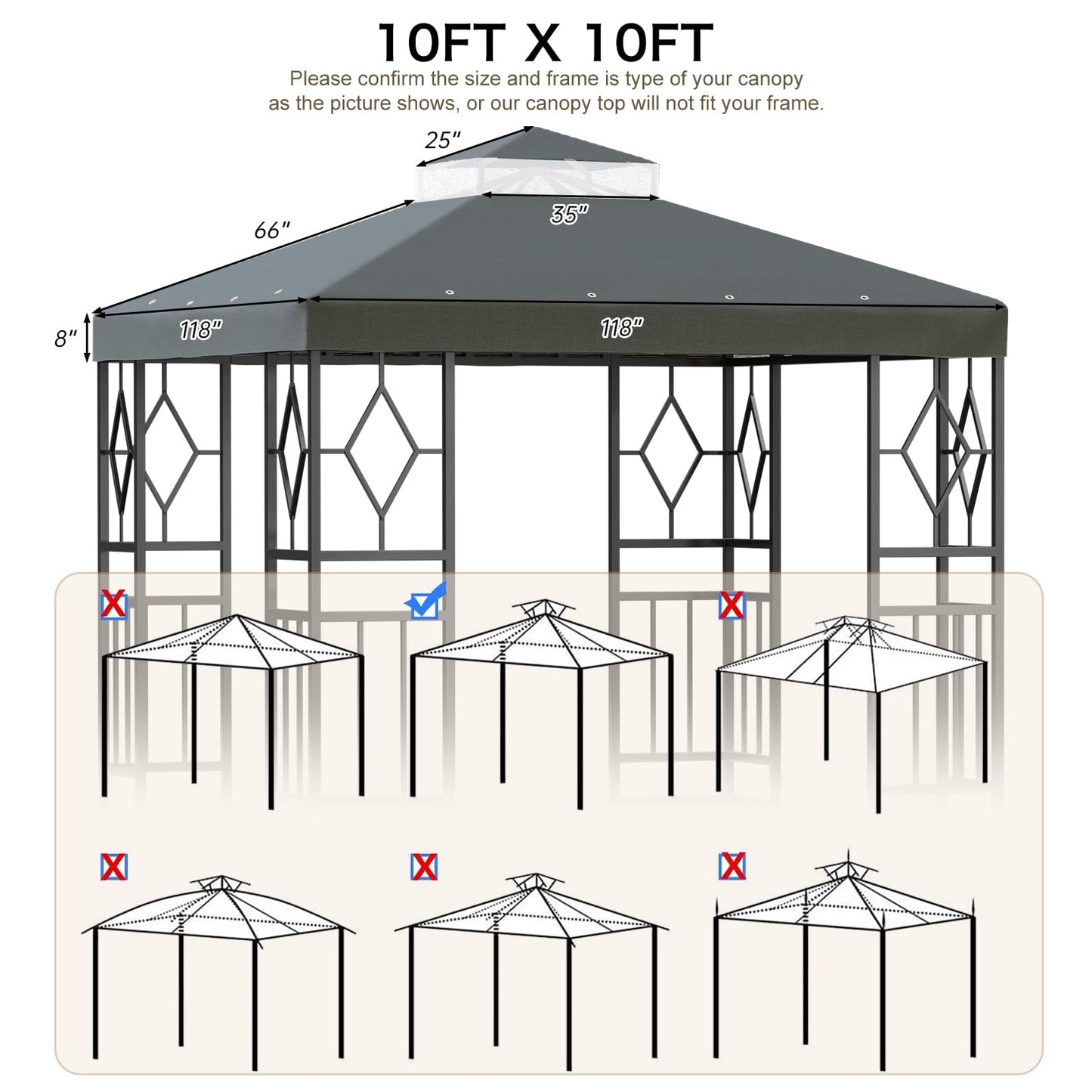 Pelnuies 10x10 Canopy Replacement Top, Double Tiered Grill Gazebo Cover with Gauze Net, Sun and Rainproof Canopy Top Cover for Yard, Patio and Garden(Gray)