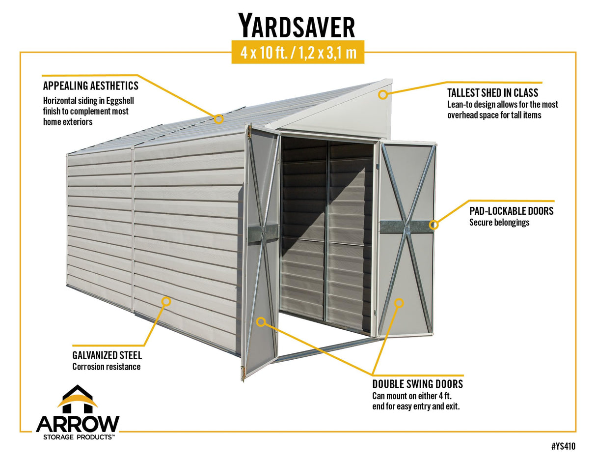 Arrow Yardsaver 4' x 10' Galvanized Steel Outdoor Storage Shed with Sloped Roof and Double-Door Entry, UV-Resistant Steel Floorless Compact Storage Shed, Charcoal Arrow