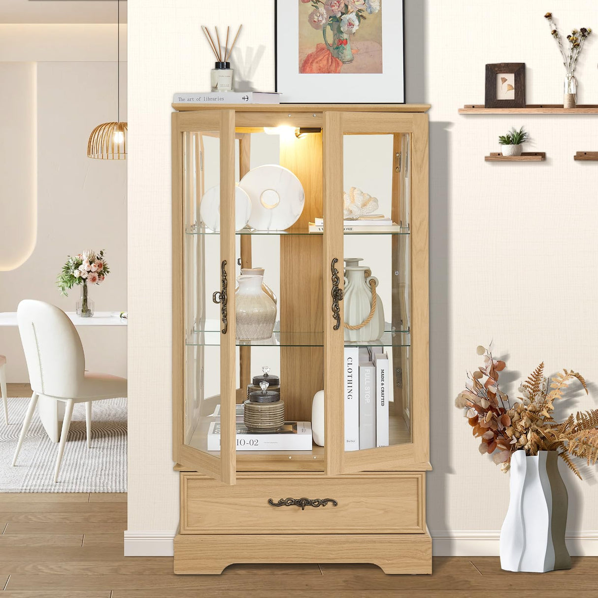 Curio Cabinet with Lighted(Light Blub Included),Tall Leg Glass Door Antique Cabinet,47"Curio Display Cabinet with 3-Tier Adjustable Glass Shelves,Curio Display Cabinet for Living Room (Light Oak) XUWANSHANG