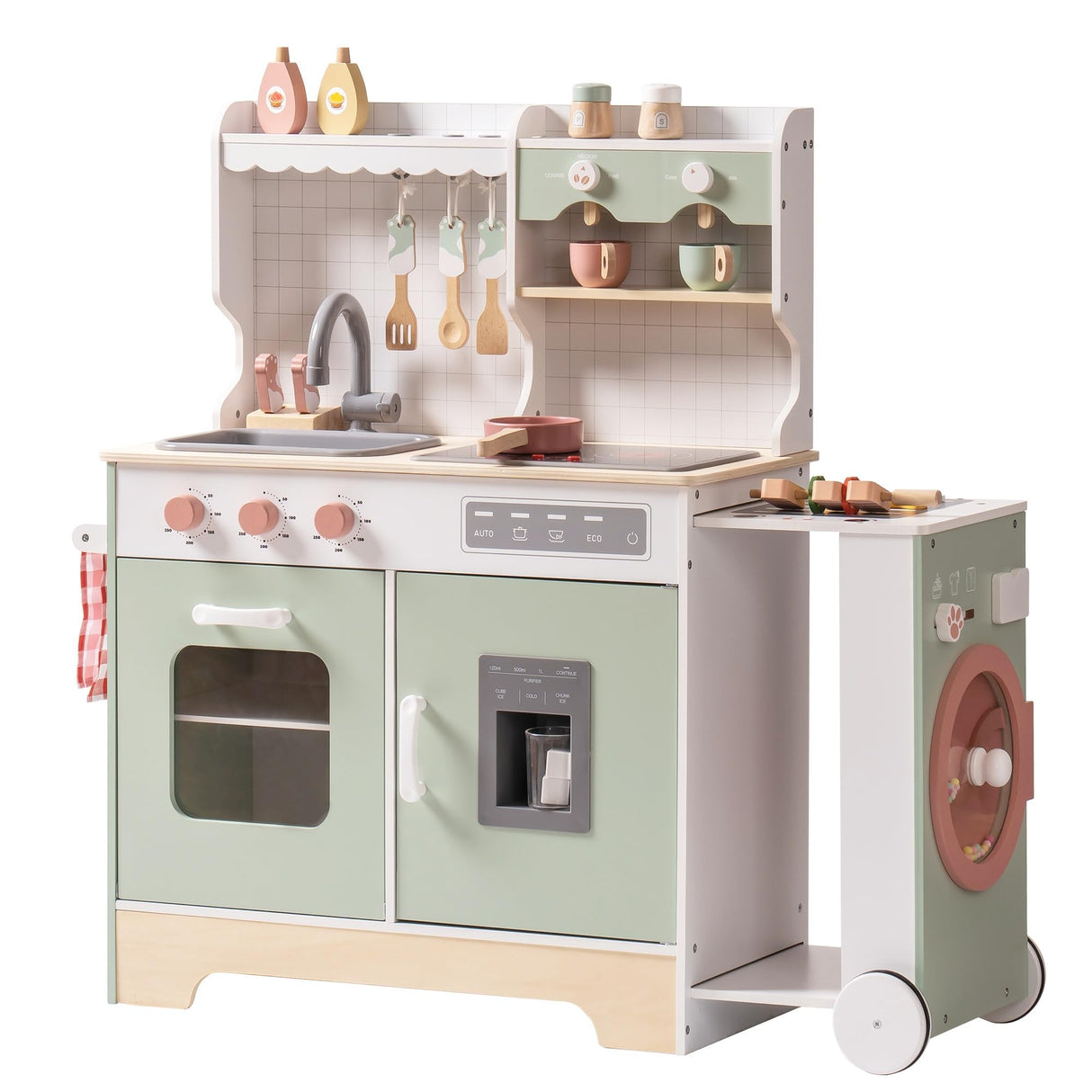 ROBOTIME Wooden Kitchen Playset, Kids Play Kitchen with Ice Maker, BBQ and Dishwasher. Pretend Toddler Kitchen with Lights & Sounds for Ages 3+ ROBOTIME