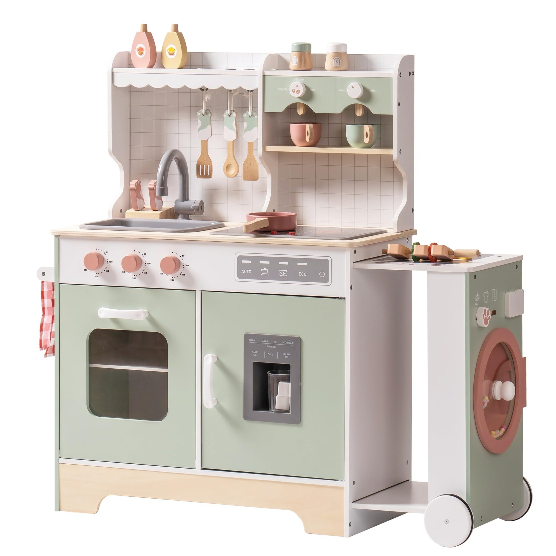 ROBOTIME Wooden Kitchen Playset, Kids Play Kitchen with Ice Maker, BBQ and Dishwasher. Pretend Toddler Kitchen with Lights & Sounds for Ages 3+ - WoodArtSupply