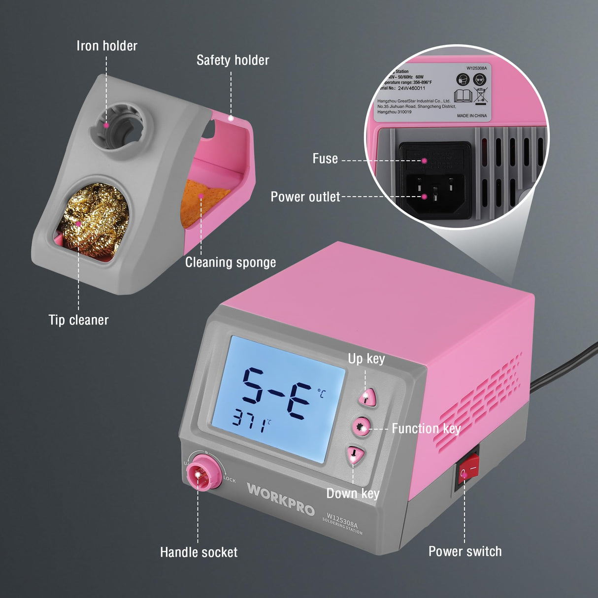 WORKPRO Soldering Station, 60W Soldering Iron Kit Digital Display, 5 Extra Iron Tips, Precision Temperature Control Solder Station for Electronic Repair, DIY Enthusiasts - Pink Ribbon WORKPRO