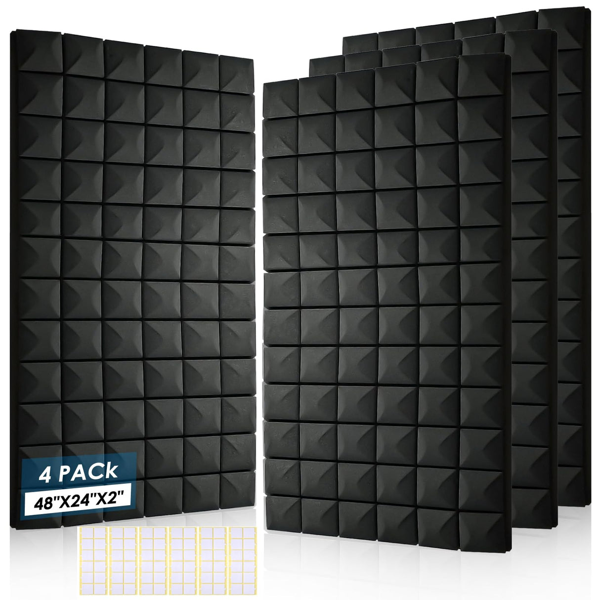 4 Pack Acoustic Panels, 48 x 24 x 2" Sound Proof Foam High Density Studio Wedge Tiles Fire Resistant Acoustic Panels for Home,Office, Recording Room, Studio (Black-4 Pack) shipxinfuren