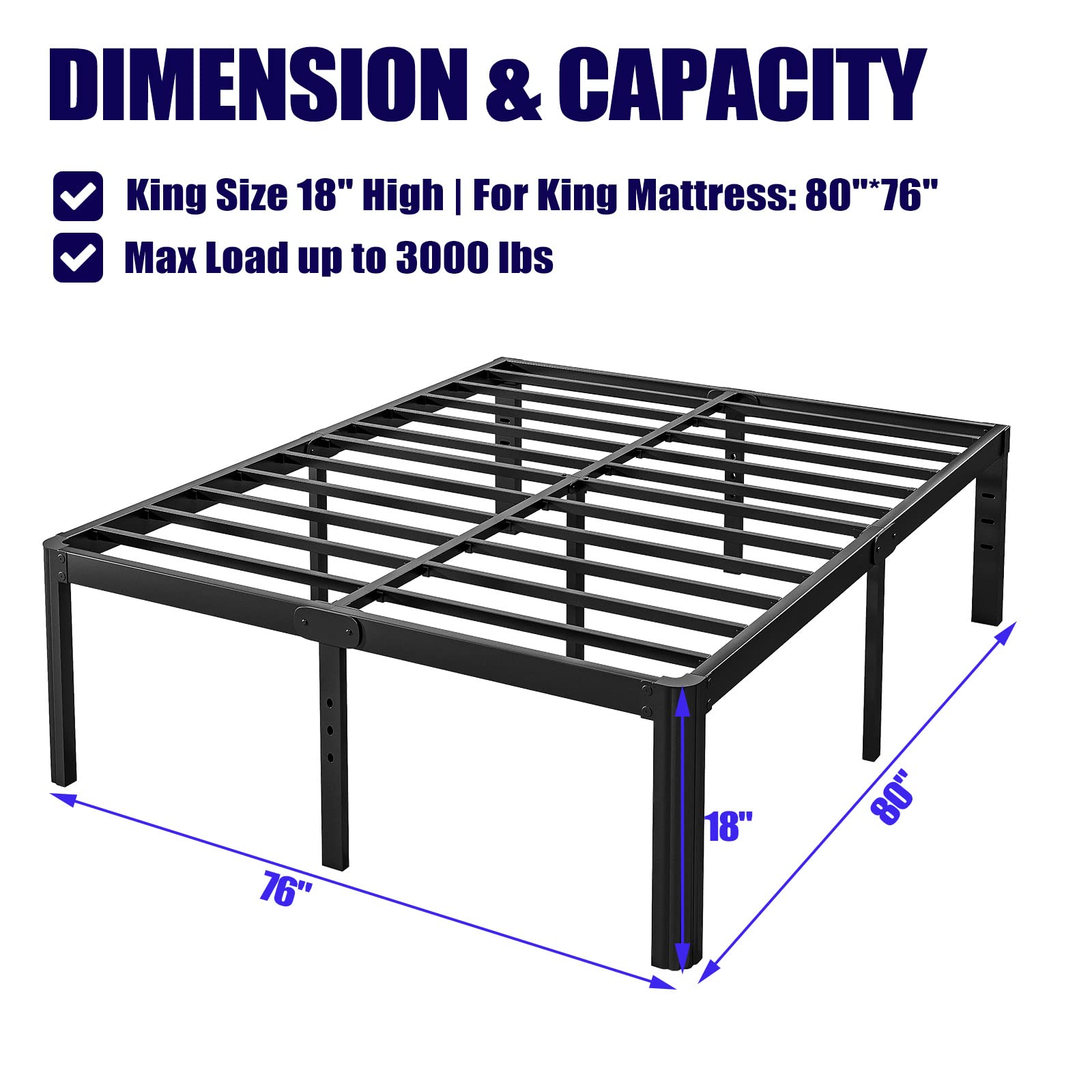 Heavy Duty 18in Hunlostten King Platform Bed Frame - No Box Spring Required, Noise-Free with Ample Under-Bed Storage - WoodArtSupply