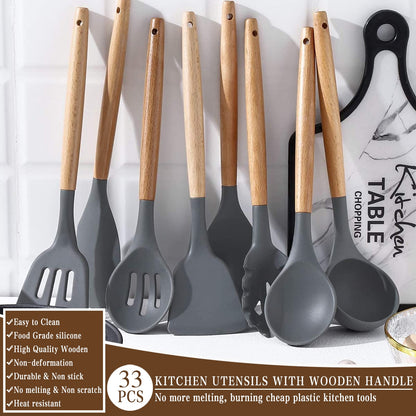 Umite Chef Kitchen Cooking Utensils Set, 33 pcs Non-stick Silicone Utensils Spatula Set with Holder, Wooden Handle Heat Resistant Silicone Kitchen Gadgets Utensil Set (Gray)