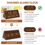 Kogonee Wooden Digital Alarm Clock, 0-100% Dimmer, 2 Alarm Settings, Weekday/Everyday Mode, 9 Mins Snooze, 12/24H, Temperature and Date Display for Office, Travel, Bedroom Alarm Clock (Brown) Kogonee