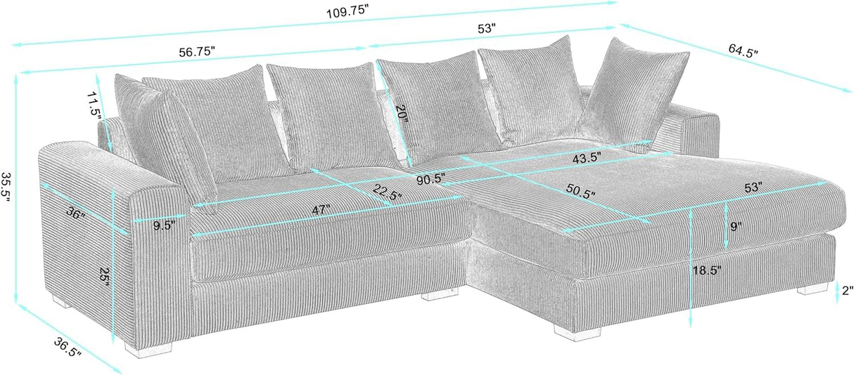 Eafurn L Shaped Corduroy Upholstered Sectional Sofa with Right Facing Chaise,3 - Piece Oversized Lounge Couch Convertible Sleeper Sofabed for Living Room Office Corner Eafurn