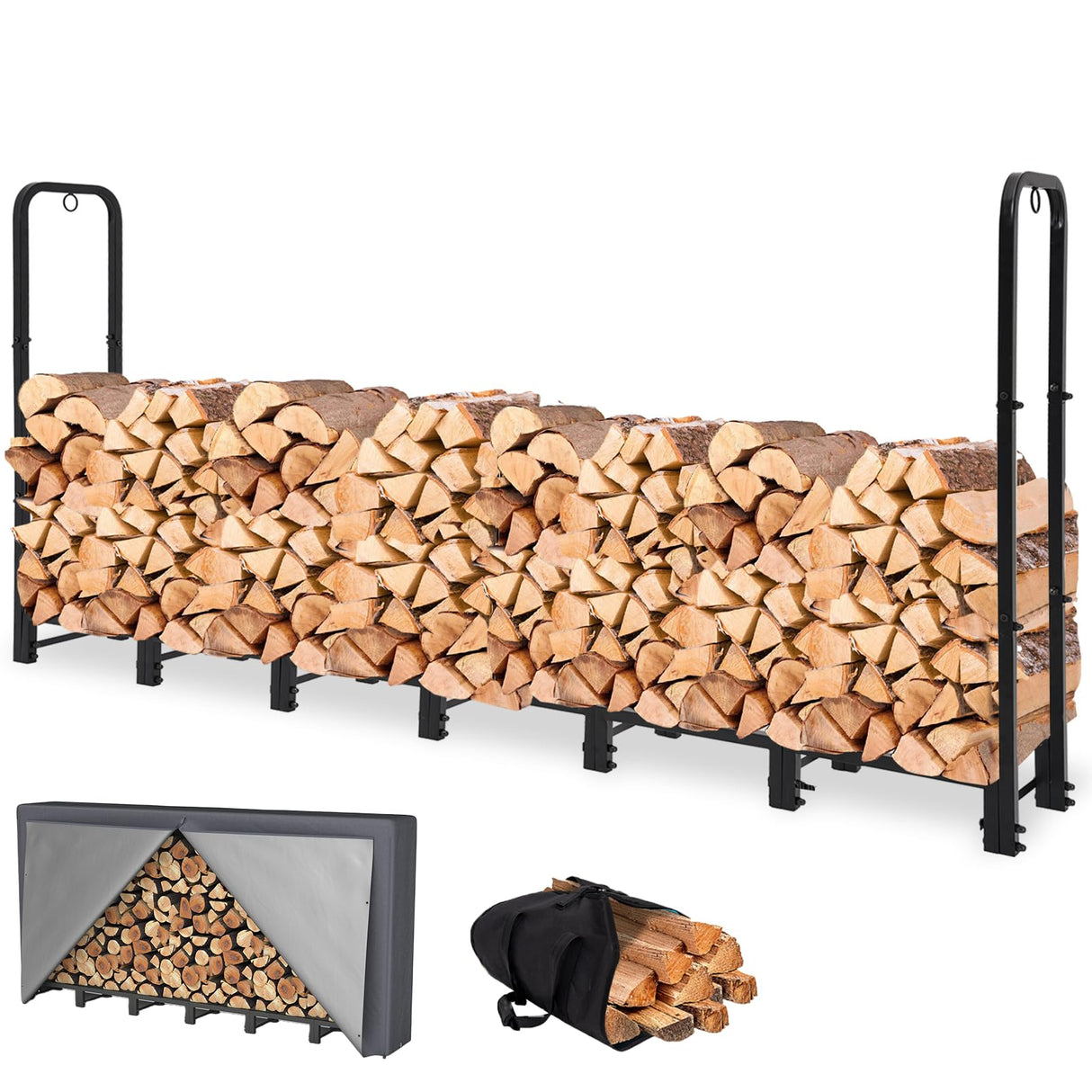 NEOCOZY 8FT Firewood Rack Outdoor with Cover, Heavy Duty Wood Holder with Log Carrier, Adjustable & Waterproof Log Holder Wood Storage Stand for Fireplace Patio Outdoor, Black NEOCOZY