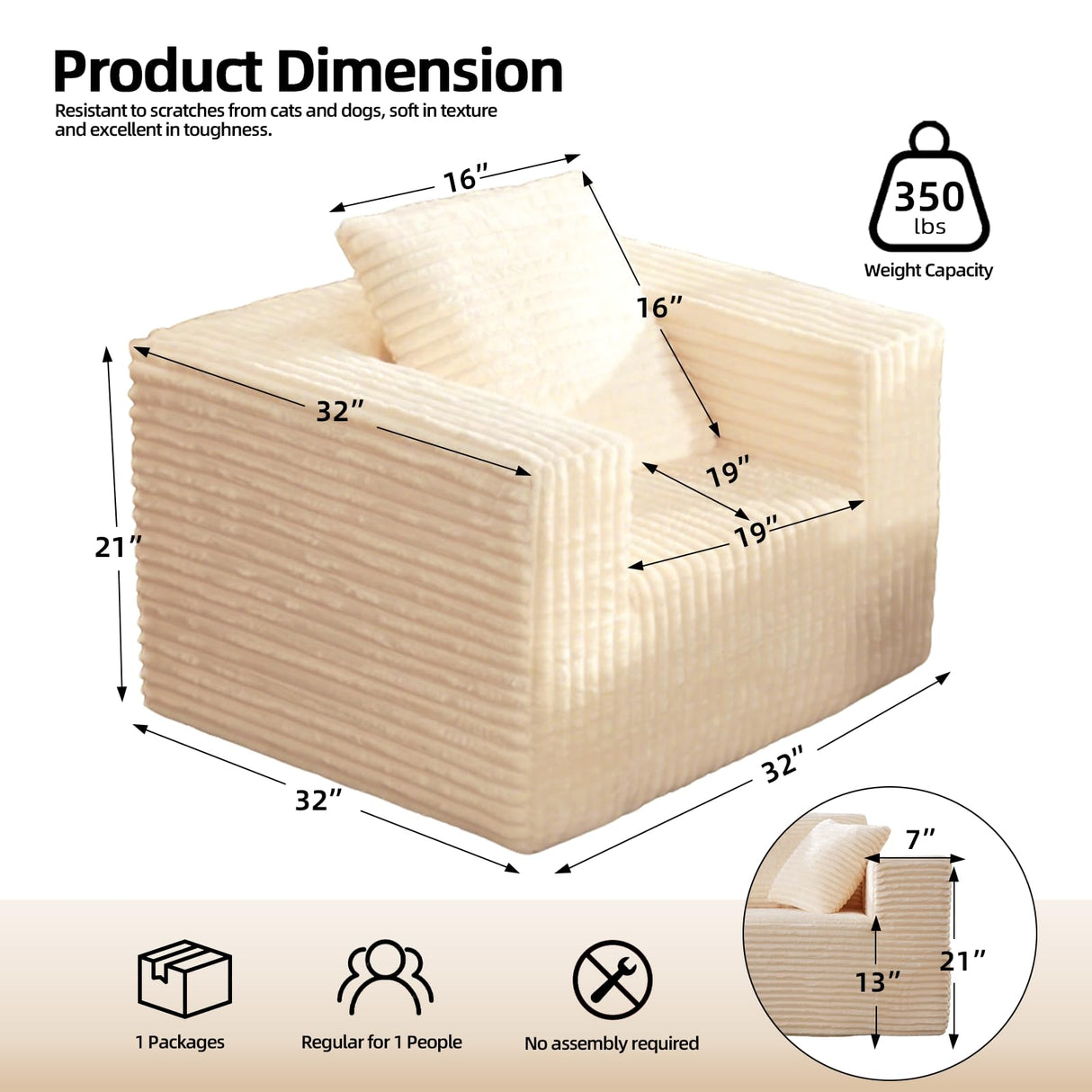 Single Cloud Sofa, Giant Bean Bag Chair with High Backrest & Wider Armrest, Foam Boneless Couch for Small Spaces, Comfy Furry Sofas with Pillows for Living Room, Bedroom, Apartment, Dorm, Office Sonovafurn