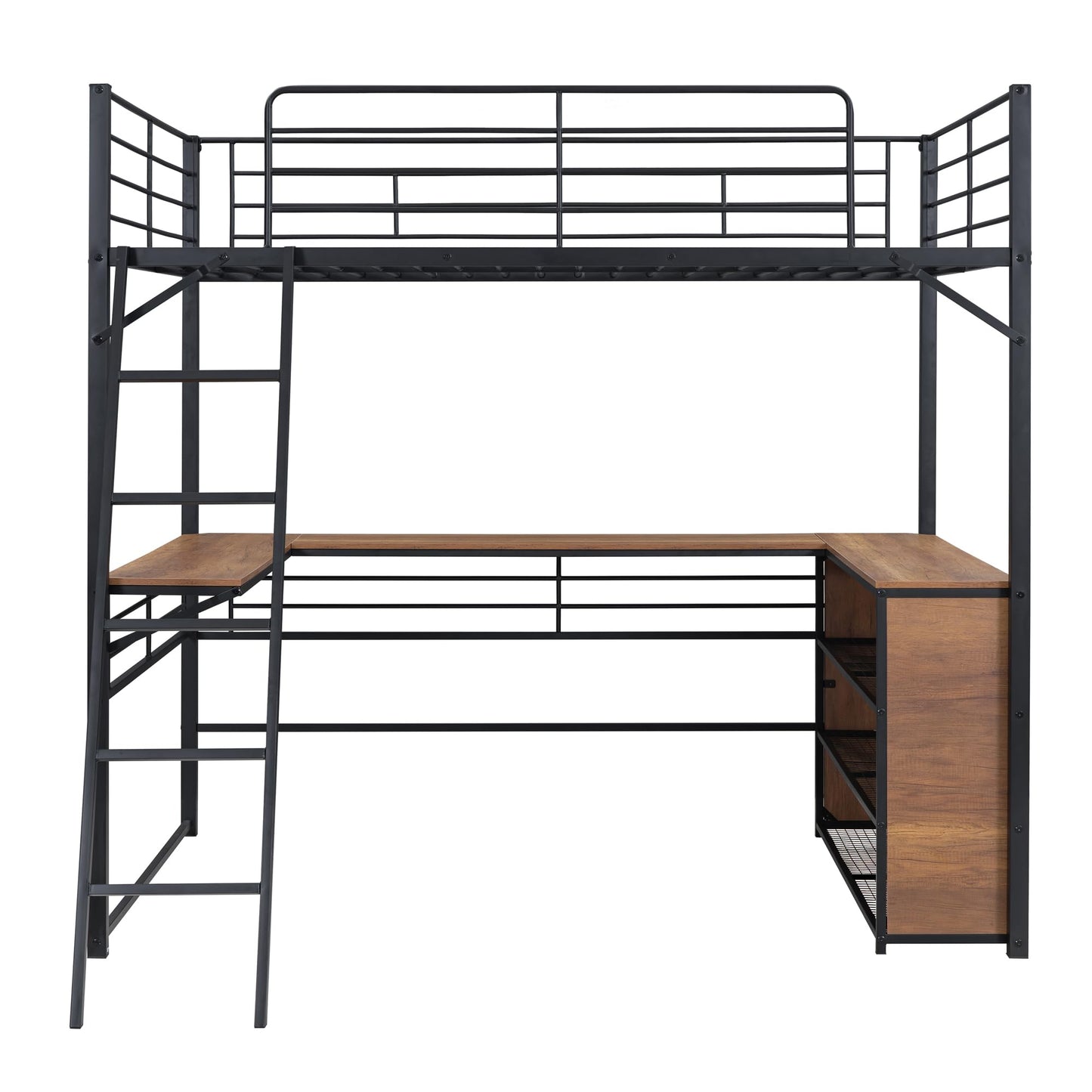 Metal Full Size Loft Bed with L-Shaped Desk,Heavy Duty Loft Bed with 3 Tier Shelves for Kids Teens Adults,High Loft Bed Frame, Space Saving Loft Bed Full Size(Full,Black)