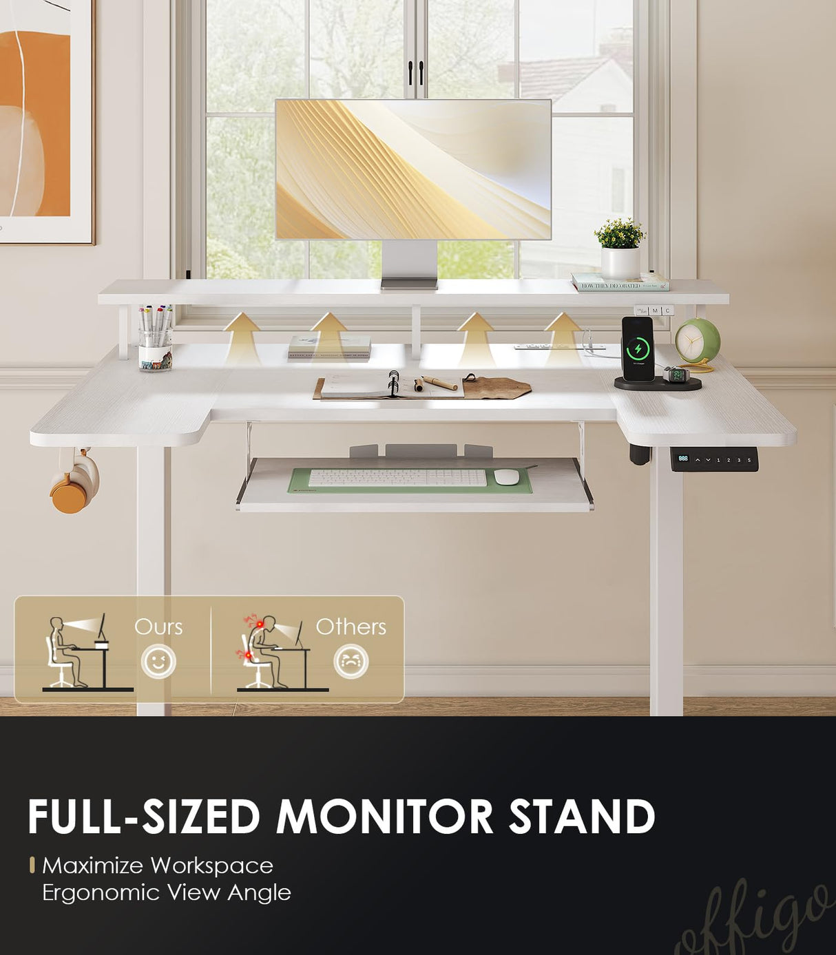 OffiGo U Shaped Electric Standing Desk with Keyboard Tray, 48 Inch Height Adjustable Desk with Power Outlets & LED Lights, Sit Stand Table with Monitor Stand for Home, Office, White OffiGo