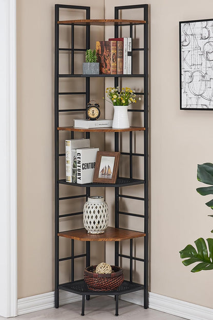 HOMISSUE 6-Tier Industrial Corner Shelf - Stylish Brown Bookshelf with Metal Frame and MDF Board for Home and Office Storage - WoodArtSupply