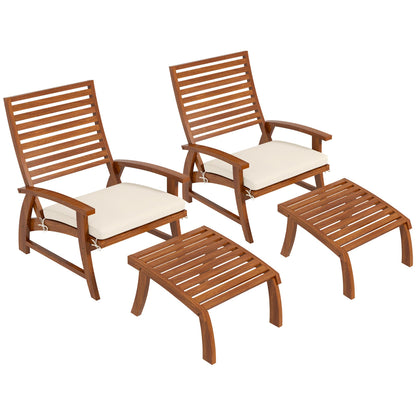 Outsunny 4 Piece Patio Furniture Set, 2 Chairs with Cushions & Ottomans, Outdoor Chair Set for 2 with Footstools, Slatted Acacia Wood Seat & Backrest, Cream White - WoodArtSupply