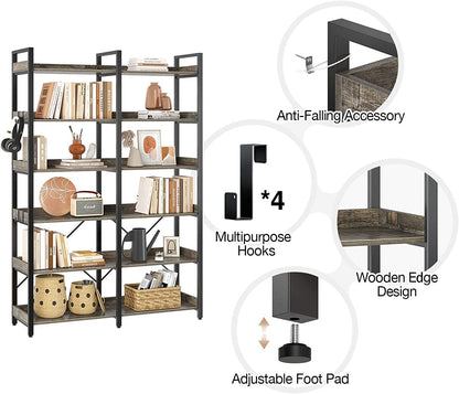 Seventable 6-Tier Industrial Wood and Metal Bookshelf with 4 Hooks – Rustic Grey Display Rack - WoodArtSupply