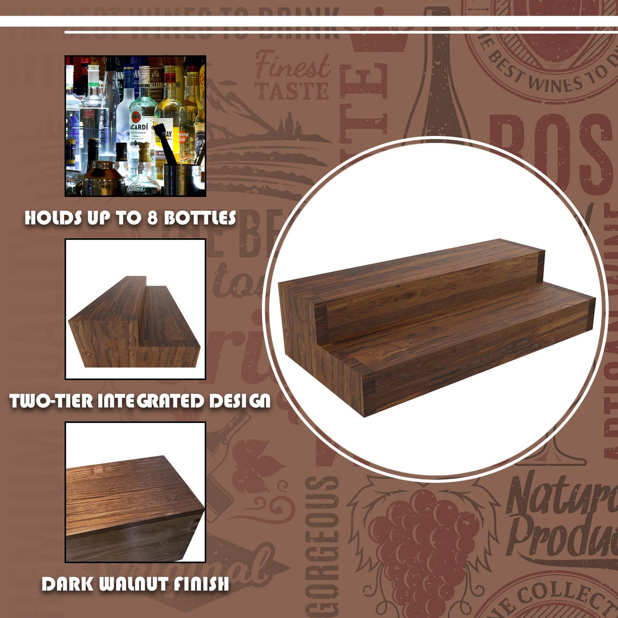 Liquor Bottle Stand - 2 Tier Liquor Bar Bottle Display Shelf, Holds 8 Bottles, Real Wood, Easy to Clean, No Installation Required - 15.8 Inch (Dark Walnut, 2 Tier) Tongmo