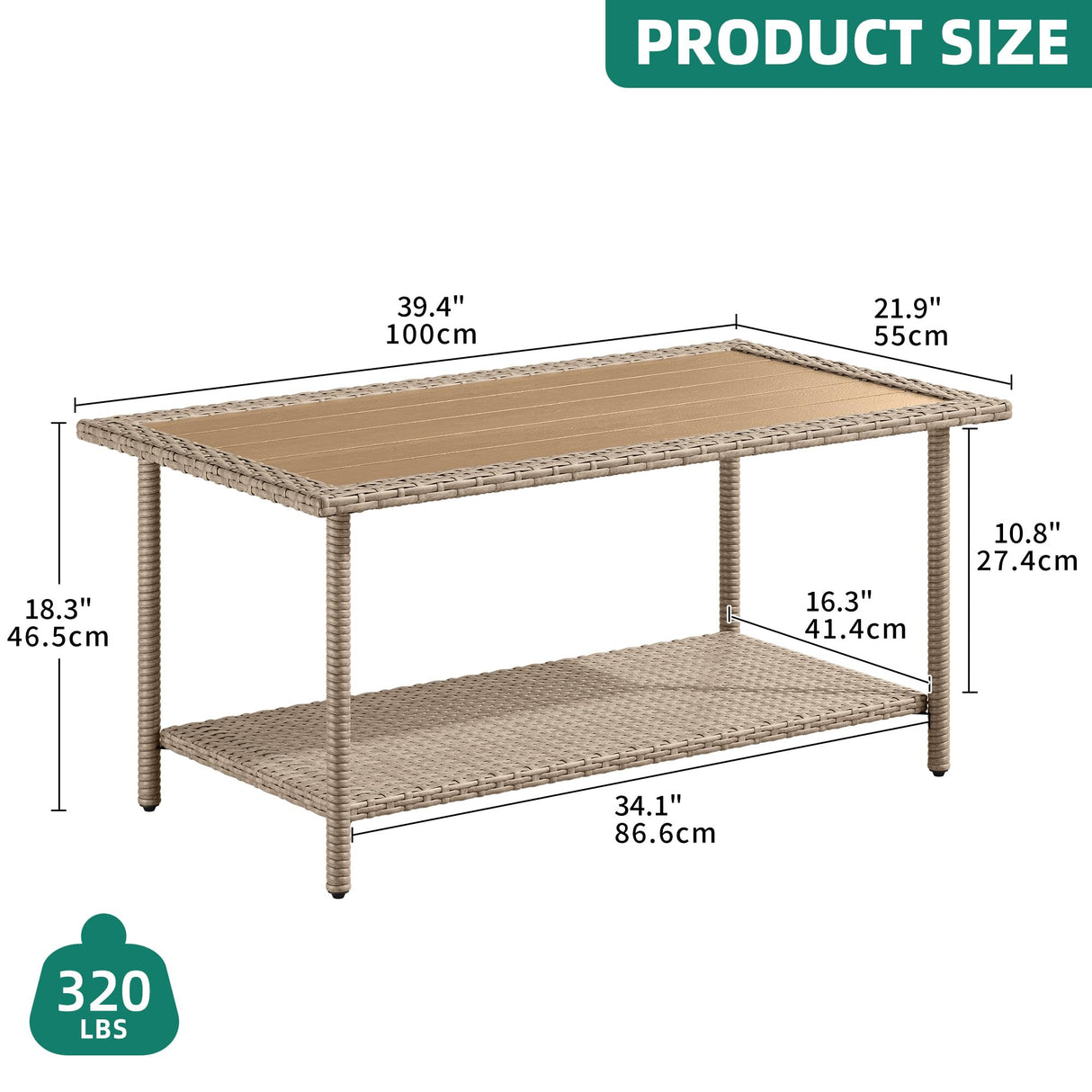 YITAHOME Outdoor Wicker Coffee Table with 2-Layer, 39.4" Rectangle Outside Side Table with Faux Wood Top, All-Weather Rattan Patio Bistro Table for Garden Backyard Porch - Brown YITAHOME