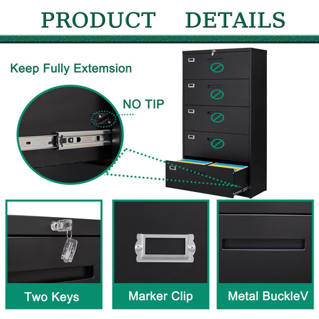 Letaya 5 Drawer File Cabinet with Lock,Metal Lateral Filing Cabinets for Home Office Hanging Files Letter/Legal/F4/A4 Size(Black-Requires Installation) Letaya