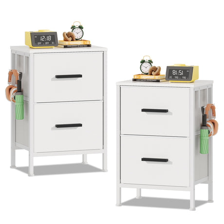 EKNKOZY Nightstand 2 Drawer Dresser, Set of 2 Vertical Side Table with Fabric Drawers and 2 Side Hooks, End Table, Bedside Table, Night Stand and Small Dresser for Bedroom, Hallway, Entryway, White EKNKOZY