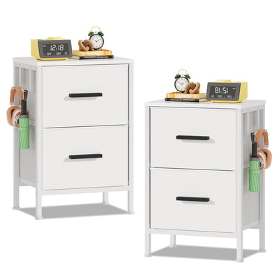 EKNKOZY Nightstand 2 Drawer Dresser, Set of 2 Vertical Side Table with Fabric Drawers and 2 Side Hooks, End Table, Bedside Table, Night Stand and Small Dresser for Bedroom, Hallway, Entryway, White