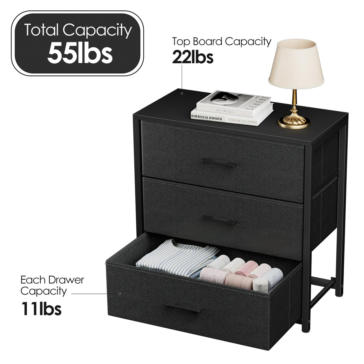 Memobarco Nightstand with 3 Drawers for Bedroom, Storage Dresser with Fabric Drawers and Metal Frame for Closet, Living Room, Bedside Table with Wood Top, Easy Pull Handle, Black Memobarco