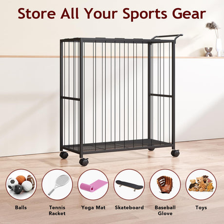 Homsorout Ball Storage Bin Rolling Sports Ball Cart, Metal Garage Organizer Sport Rack, Ball Basket Storage, Ball Cage for Garage or Gym, Indoor & Outdoor Sports Equipment Organizer Black Homsorout