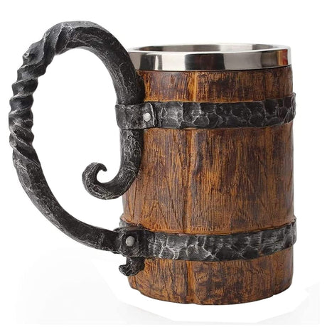 Kndatle Handmade Wooden Barrel Beer Mug, Bucket Shaped Drinkware with Handle, Stainless Steel Double Wall Cocktail Mug for Bar Restaurant, Vintage Bar Accessories (18 oz) VORAGA