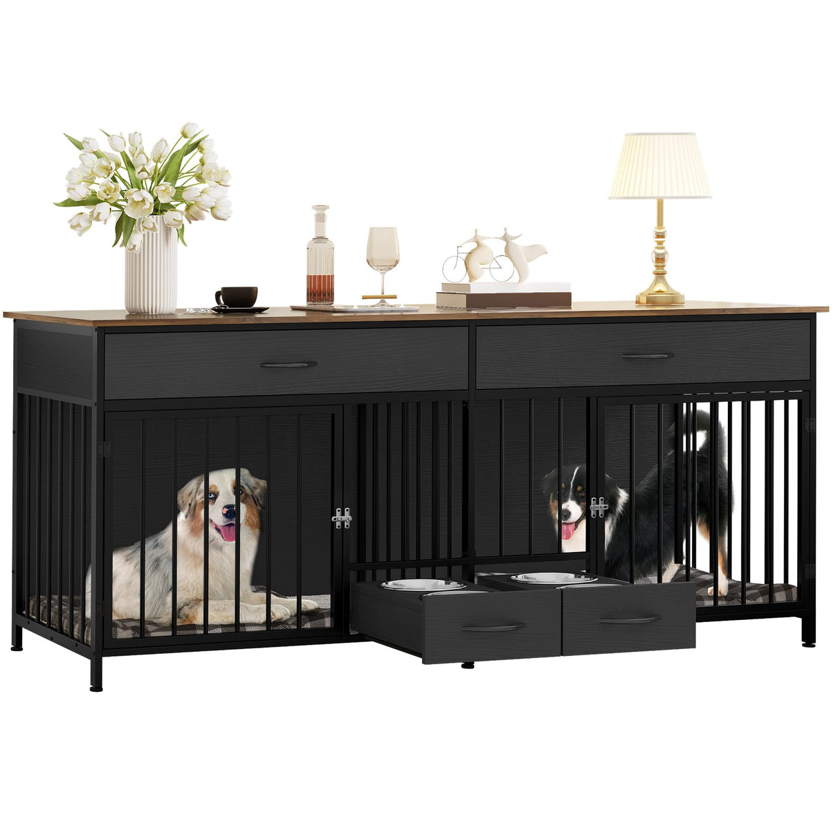 YITAHOME 74.8" Double Dog Crate Furniture with Dog Feeder, Heavy Duty Indoor Dog Kennel TV Stand with Drawers, Sturdy Dog Kennel with Divider for 2 Medium Large Dogs, Black YITAHOME