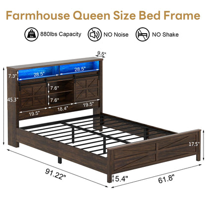 jiteentarou Farmhouse LED Queen Size Bed Frame with Storage Bookcase Headboard w/Sliding Barn Door, Rustic Wood Platform Storage Bed w/LED Lights&Charging Station, No Box Spring Needed, Brown - WoodArtSupply