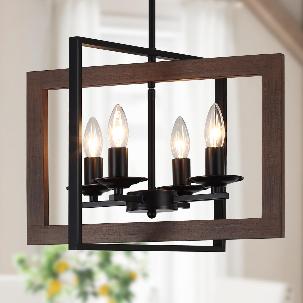 4 Lights Kitchen Chandelier, Farmhouse Dining Room Light Fixutres, Wood Chandelier for Kitchen,Rustic Dinning Room Light Fixtures Over Table with Adjustable Height for Dining Room Kitchen Island GZBEINI