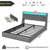 SADENICEL Queen Bed Frame with Storage Headboard and 2 Drawer, Metal Queen Size Bed Frame Platform with LED Light, Charging Station, No Box Spring Needed, Noise Free, Easy Assembly, Grey SADENICEL