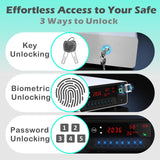 QINGENO Smart Gun Safe with Security Cable - Biometric Pistol Safe for 2 Handgun 3 Ways Quick Access with Fingerprint/Keypad/Key, for Nightstand Bedside Home with LCD and Voice Guide (White) QINGENO