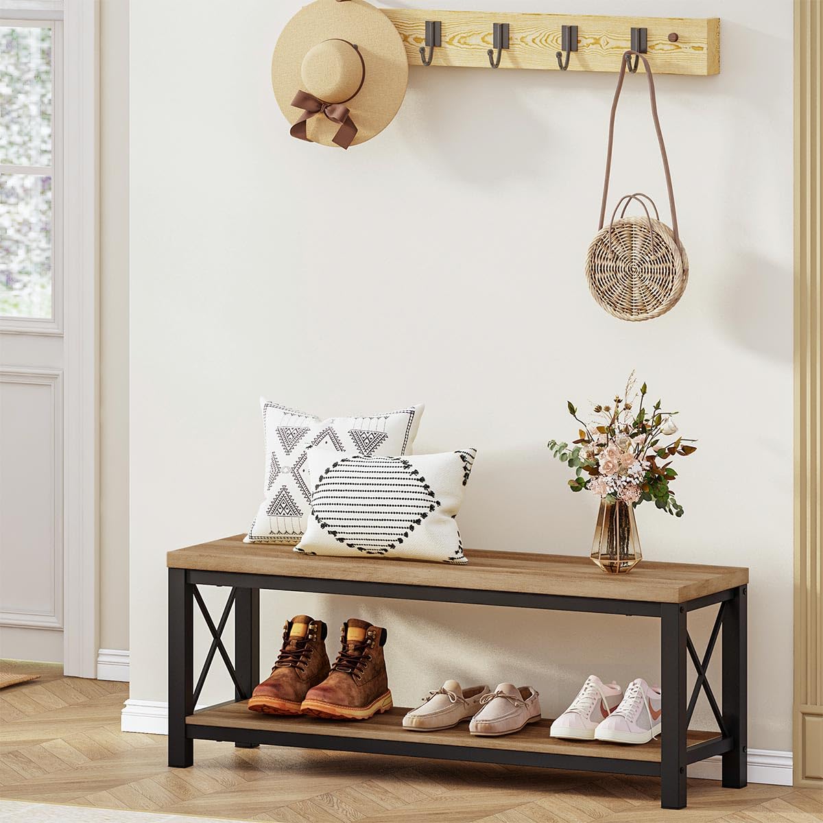 BON AUGURE Entryway Bench, Farmhouse Wooden Metal Entry Storage Bench, Rustic Shoe Benches with Shelf for Foyer, Mudroom, Bedroom, Hall, Entrance (Vintage Oak) BON AUGURE