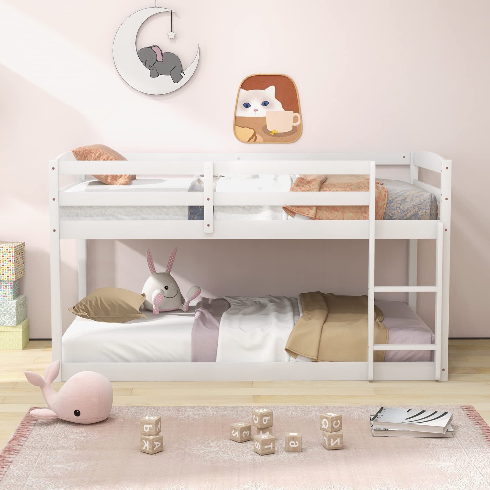 Giantex Twin Low Bunk Bed Frame - Solid Wood Twin Over Twin with Full Guardrails & Integrated Ladder, Space-Saving Design, White - WoodArtSupply