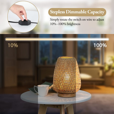 Rattan Table Lamp, Stepless Dimmable Small Beside Lamp, Vintage Wicker Wooden Nightstand Lamp, Boho Bamboo Woven End Table Lamp for Bedroom Living Room Desk Kids Room, 2700K T45 LED Bulb Included Brightever